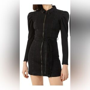 Bershka Black Denim Belted Puff Long Sleeve Dress- Large